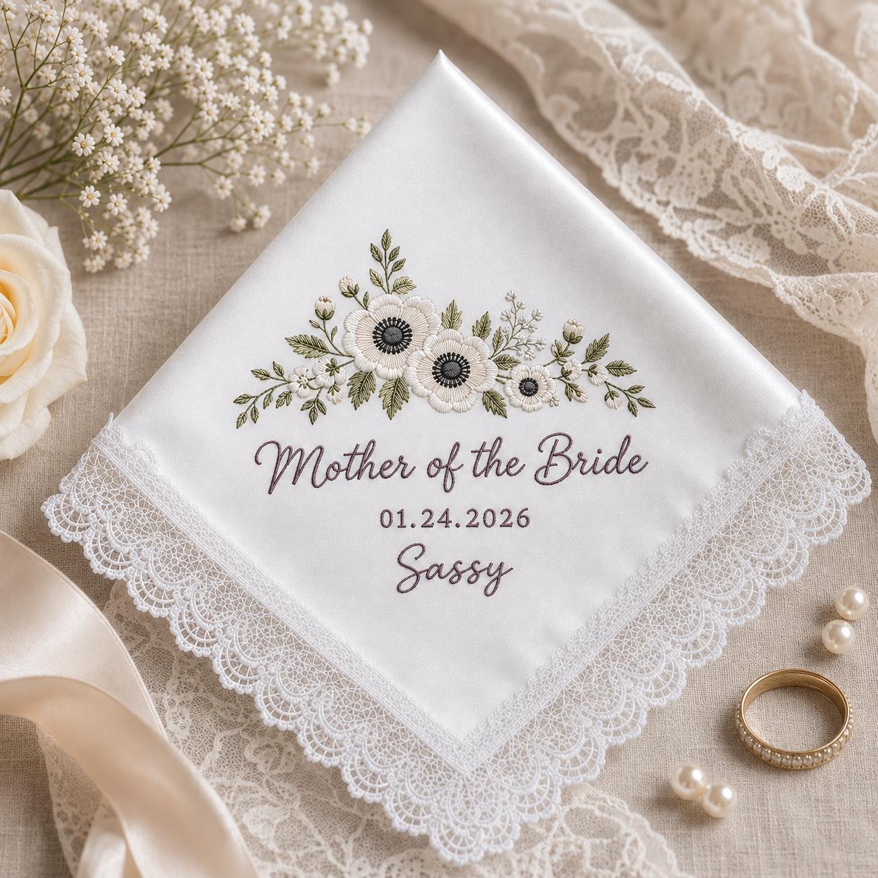 Custom Embroidered Wedding Flower Handkerchief, Personalized Message Napkins, Parent of Bride and Groom Gift