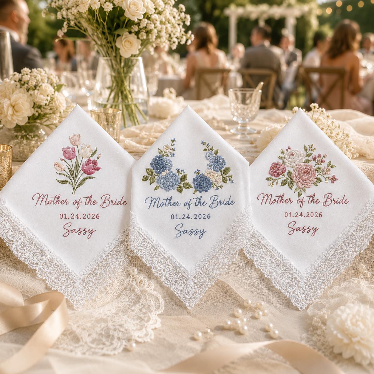 Custom Embroidered Wedding Flower Handkerchief, Personalized Message Napkins, Parent of Bride and Groom Gift - photo 3