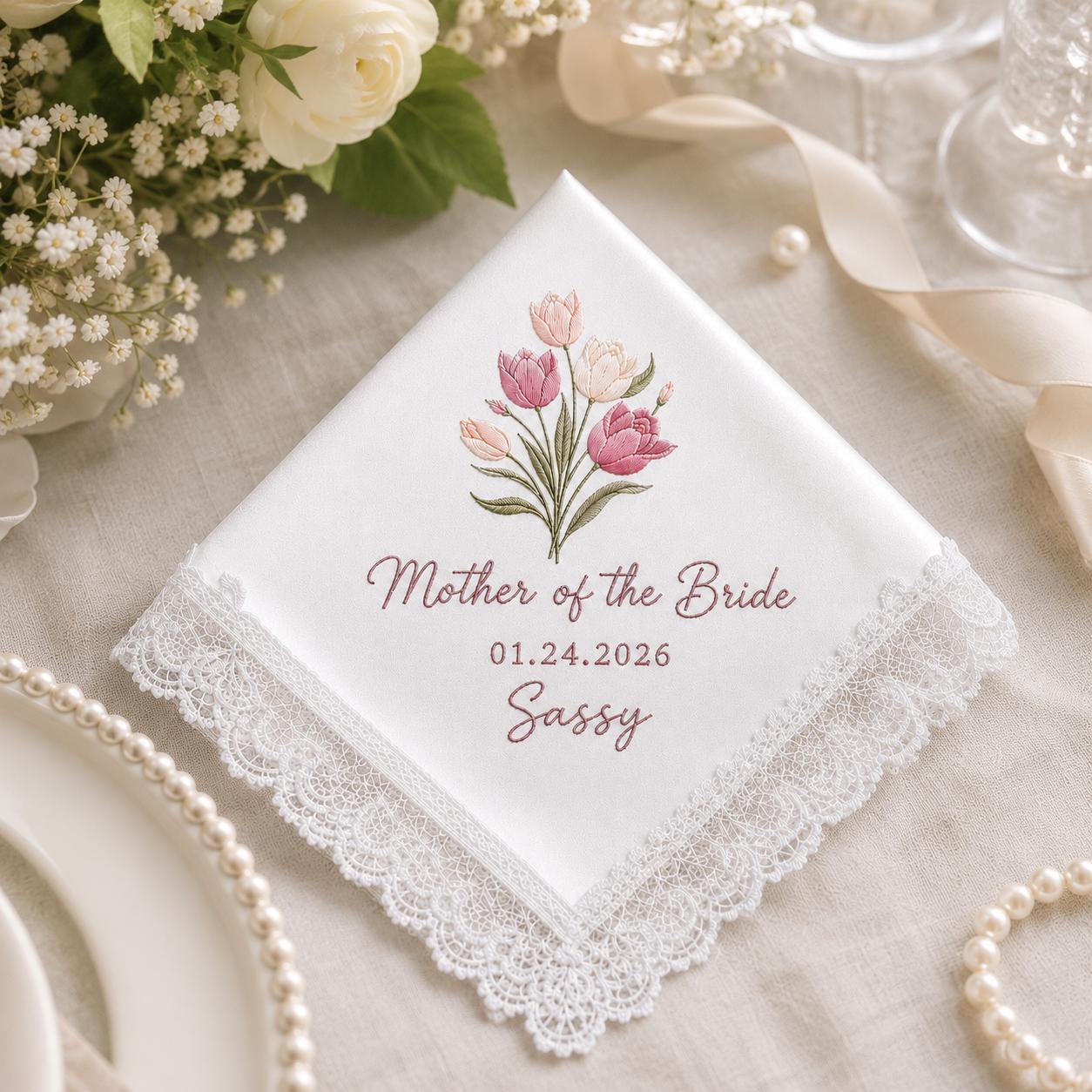 Custom Embroidered Wedding Flower Handkerchief, Personalized Message Napkins, Parent of Bride and Groom Gift - photo 8