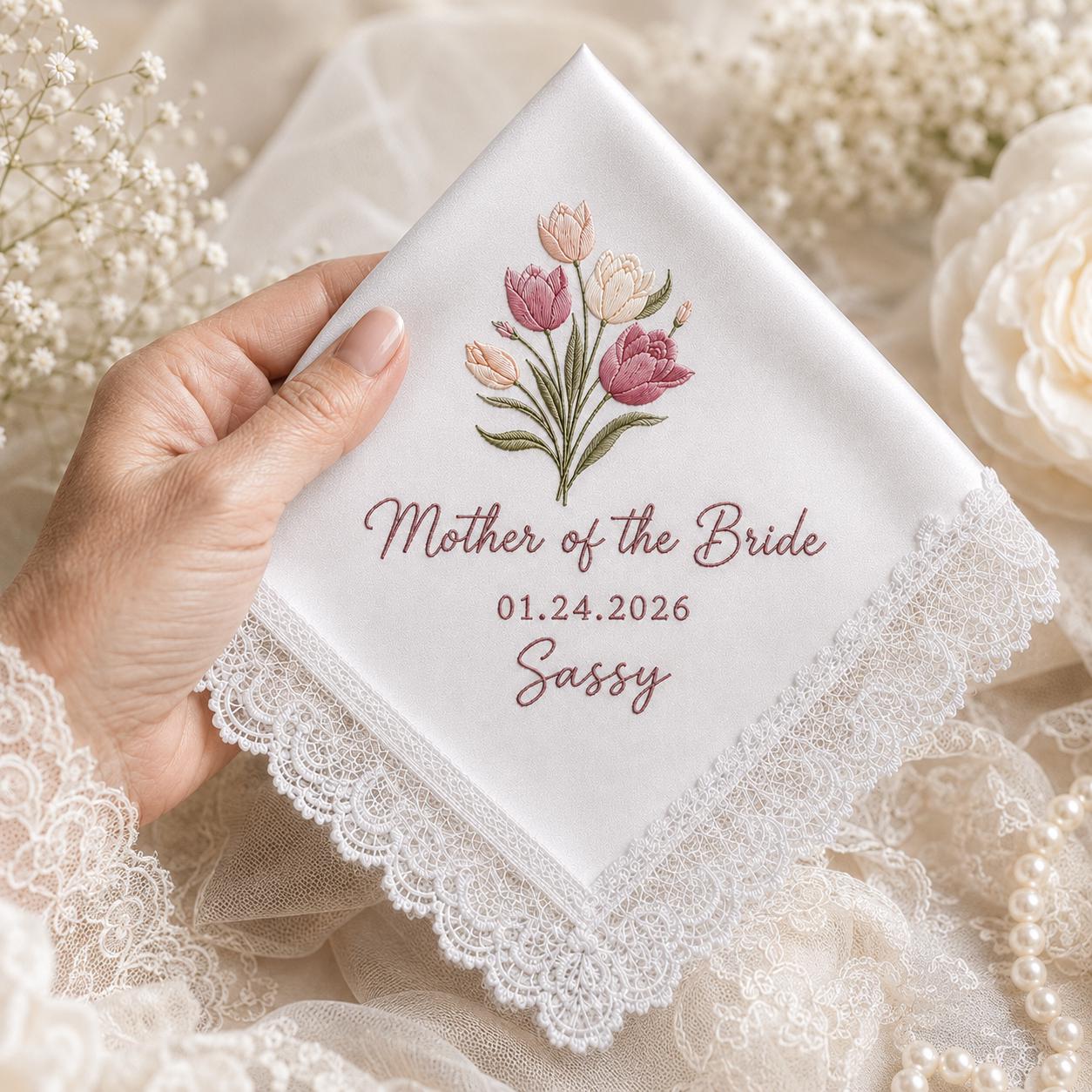 Custom Embroidered Wedding Flower Handkerchief, Personalized Message Napkins, Parent of Bride and Groom Gift - photo 9