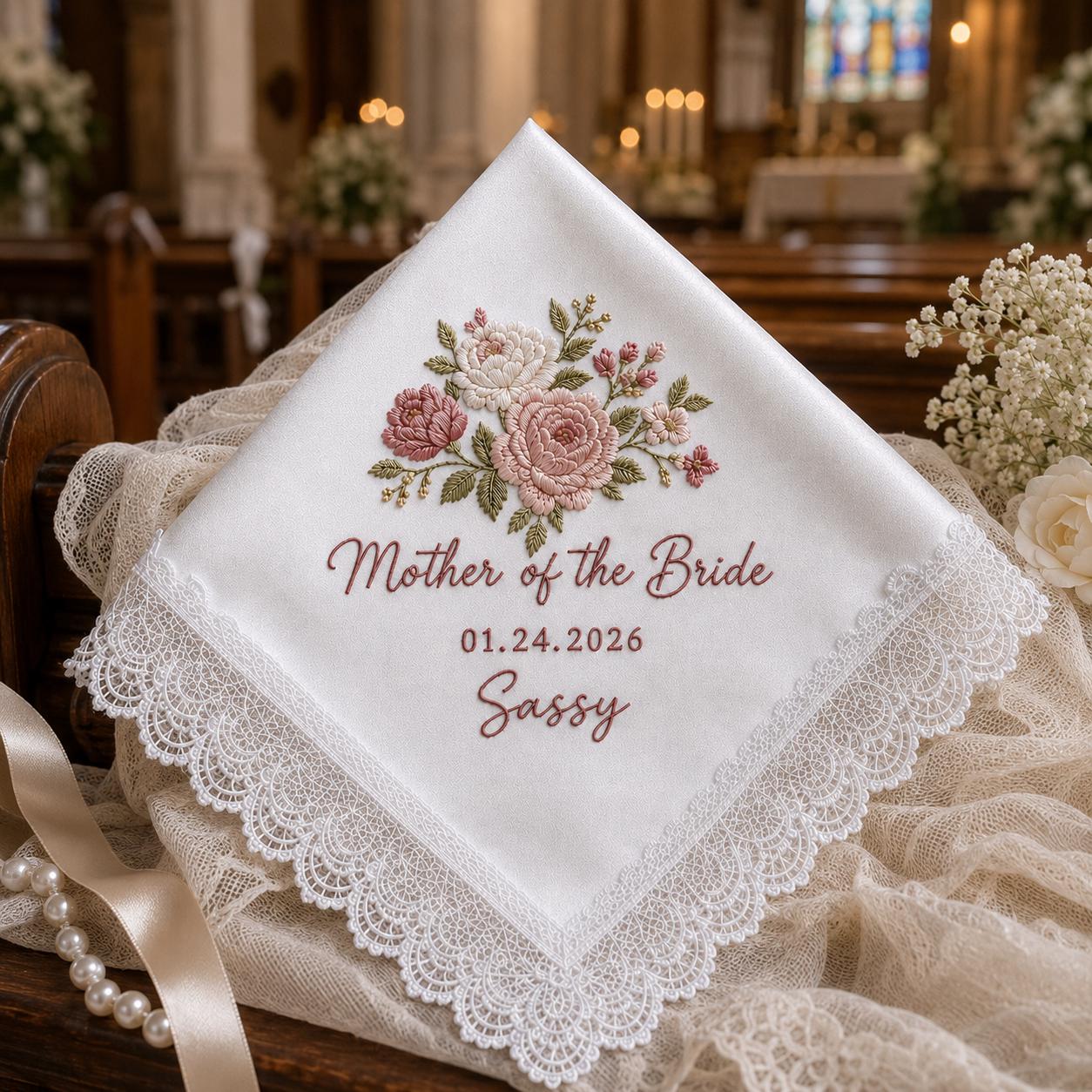 Custom Embroidered Wedding Flower Handkerchief, Personalized Message Napkins, Parent of Bride and Groom Gift - photo 10