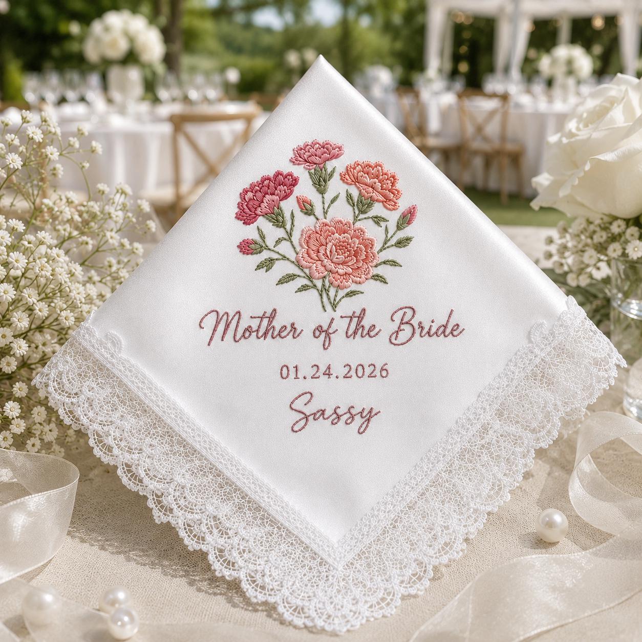 Custom Embroidered Wedding Flower Handkerchief, Personalized Message Napkins, Parent of Bride and Groom Gift - photo 11