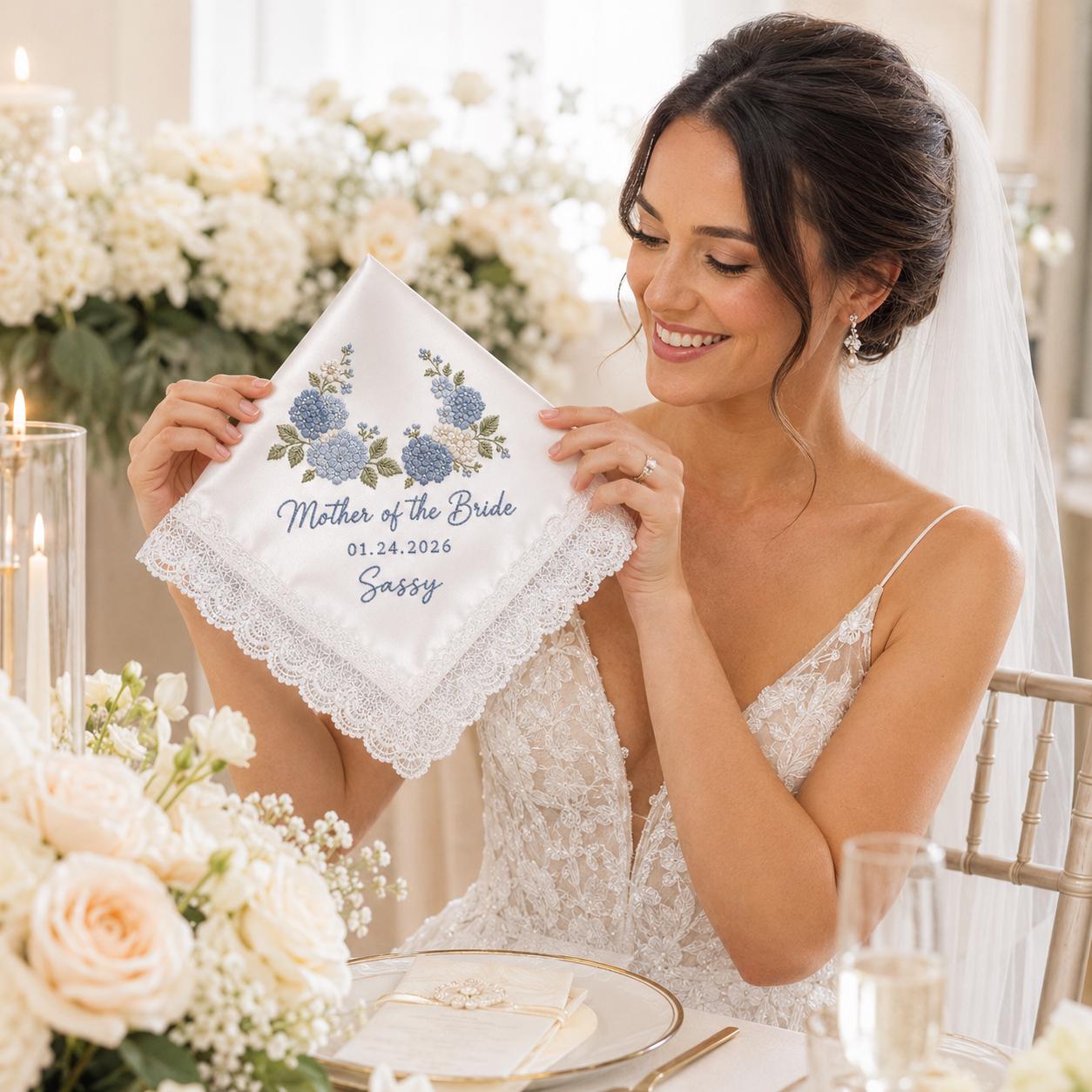 Custom Embroidered Wedding Flower Handkerchief, Personalized Message Napkins, Parent of Bride and Groom Gift - photo 12