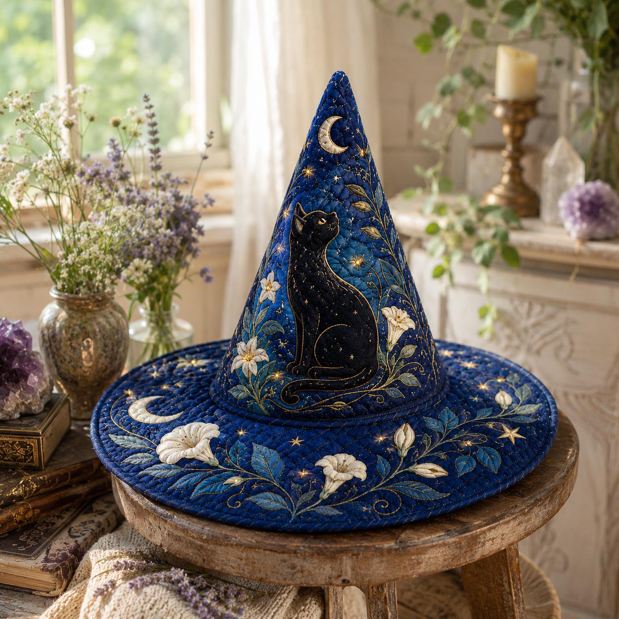 Halloween Quilted Witch Hat and Table Centerpiece with Black Cat, Moon, Floral Fabric, Gothic Witchy Fall, Spooky Seasonal Decor