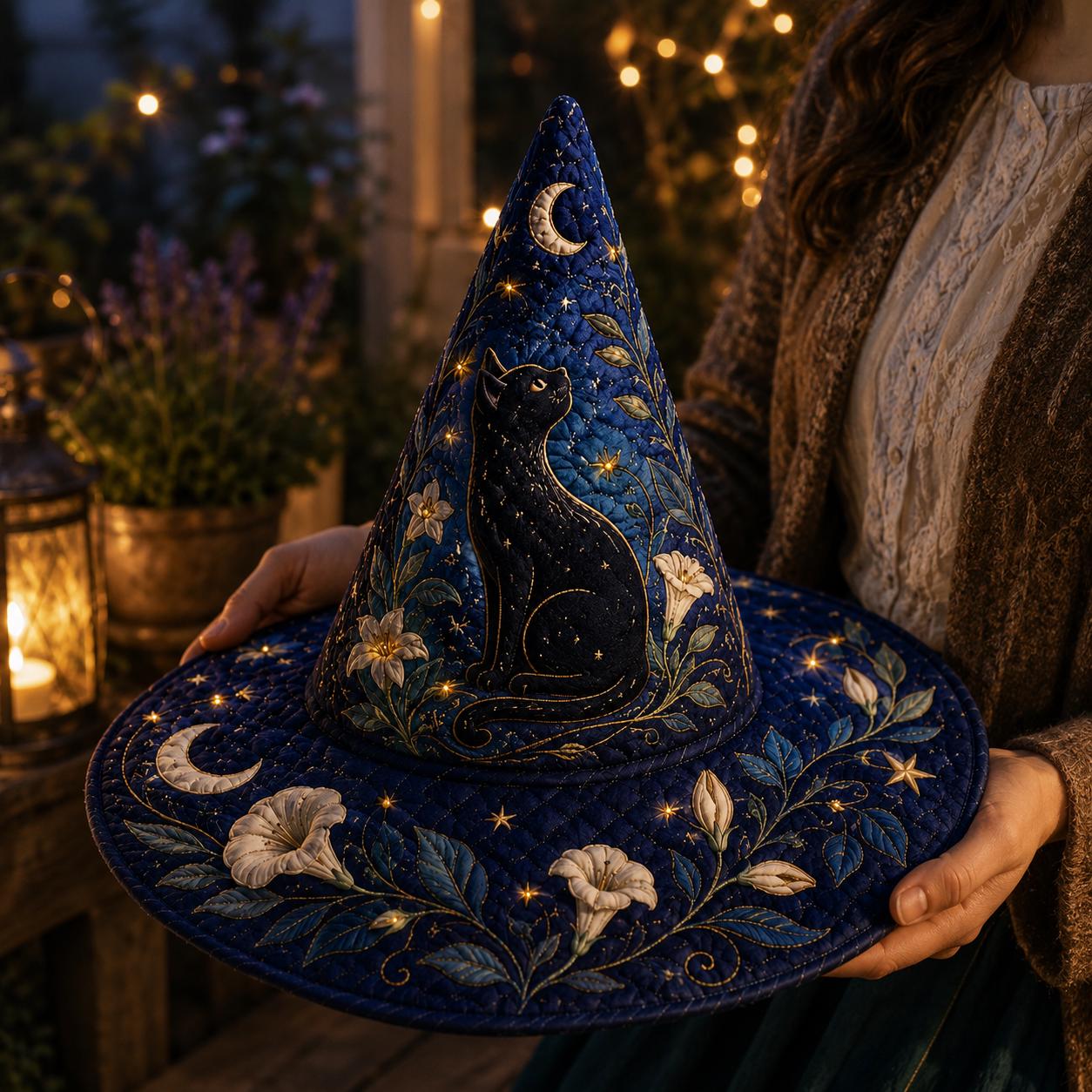 Halloween Quilted Witch Hat and Table Centerpiece with Black Cat, Moon, Floral Fabric, Gothic Witchy Fall, Spooky Seasonal Decor - photo 2
