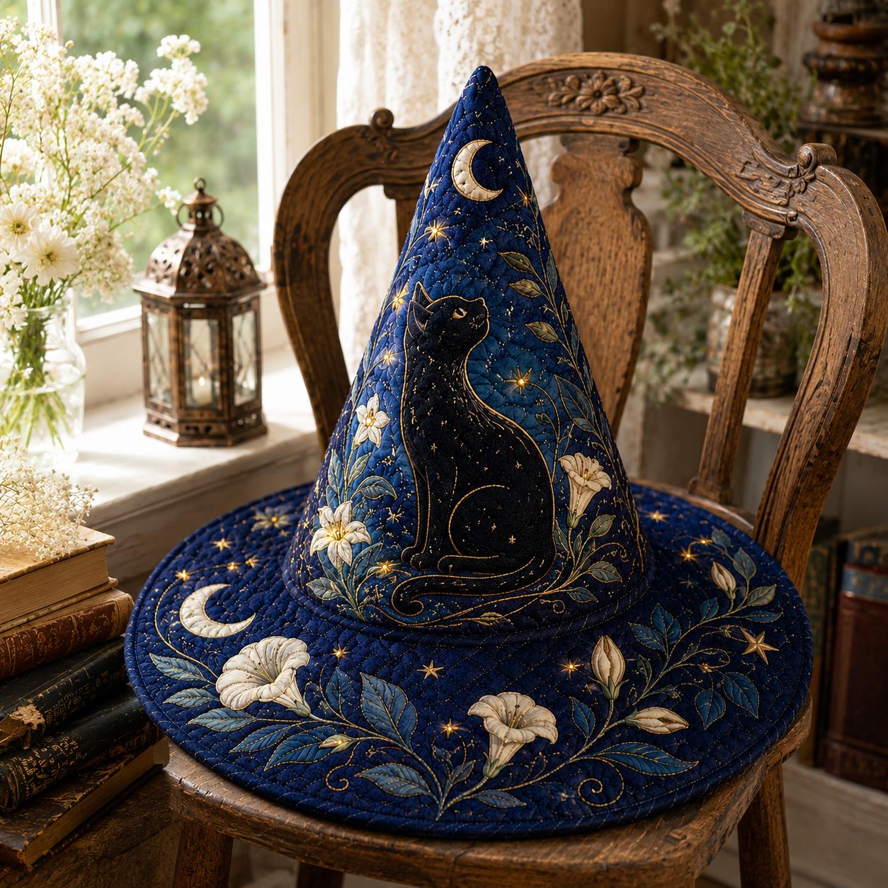 Halloween Quilted Witch Hat and Table Centerpiece with Black Cat, Moon, Floral Fabric, Gothic Witchy Fall, Spooky Seasonal Decor - photo 5