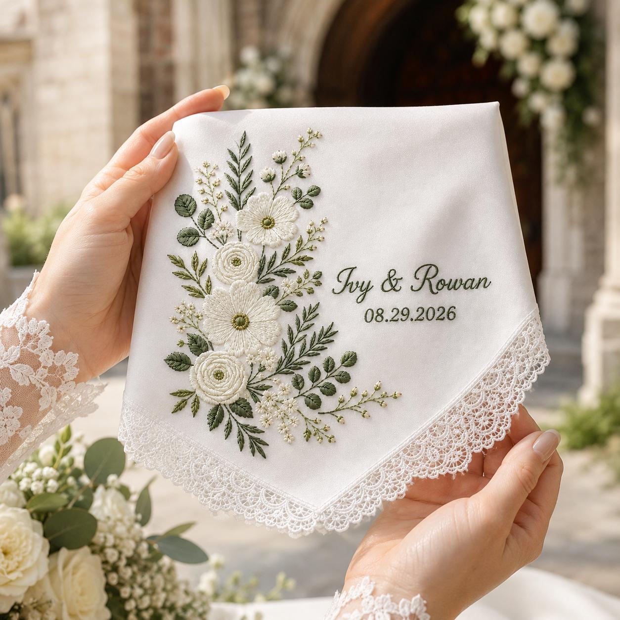 Embroidered Wedding Handkerchief, Bridal Gift, Personalized with Name, Custom Floral Hankie for Bride