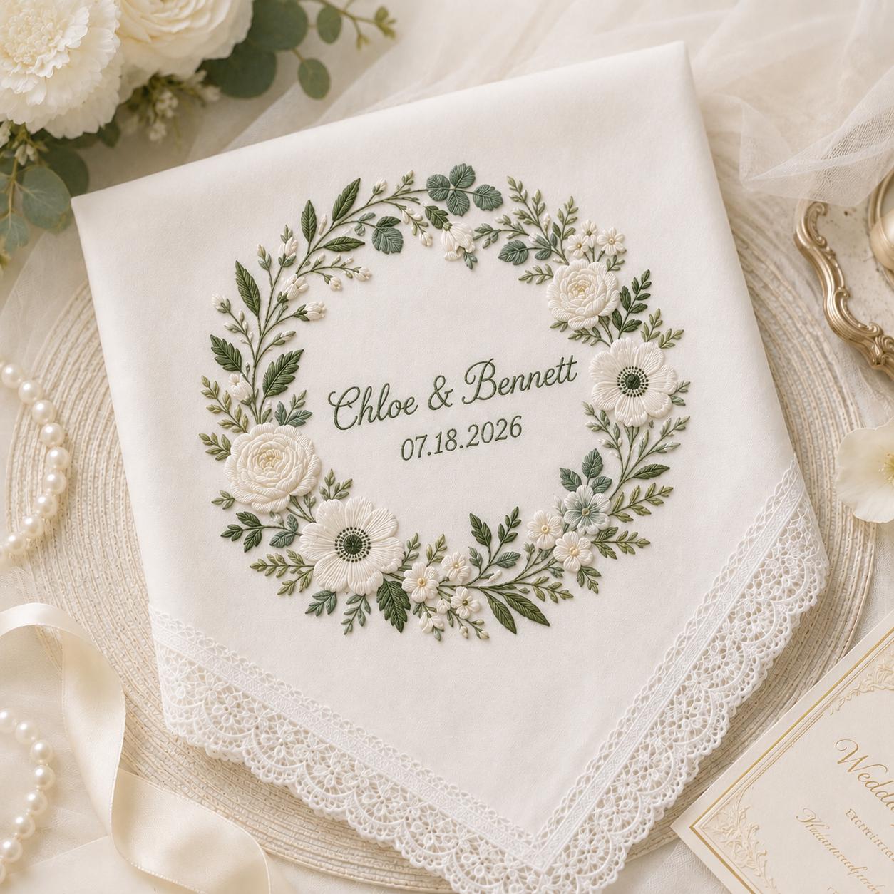 Embroidered Wedding Handkerchief, Bridal Gift, Personalized with Name, Custom Floral Hankie for Bride - photo 8