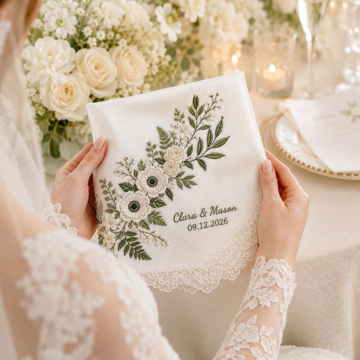 Embroidered Wedding Handkerchief, Bridal Gift, Personalized with Name, Custom Floral Hankie for Bride - photo 9
