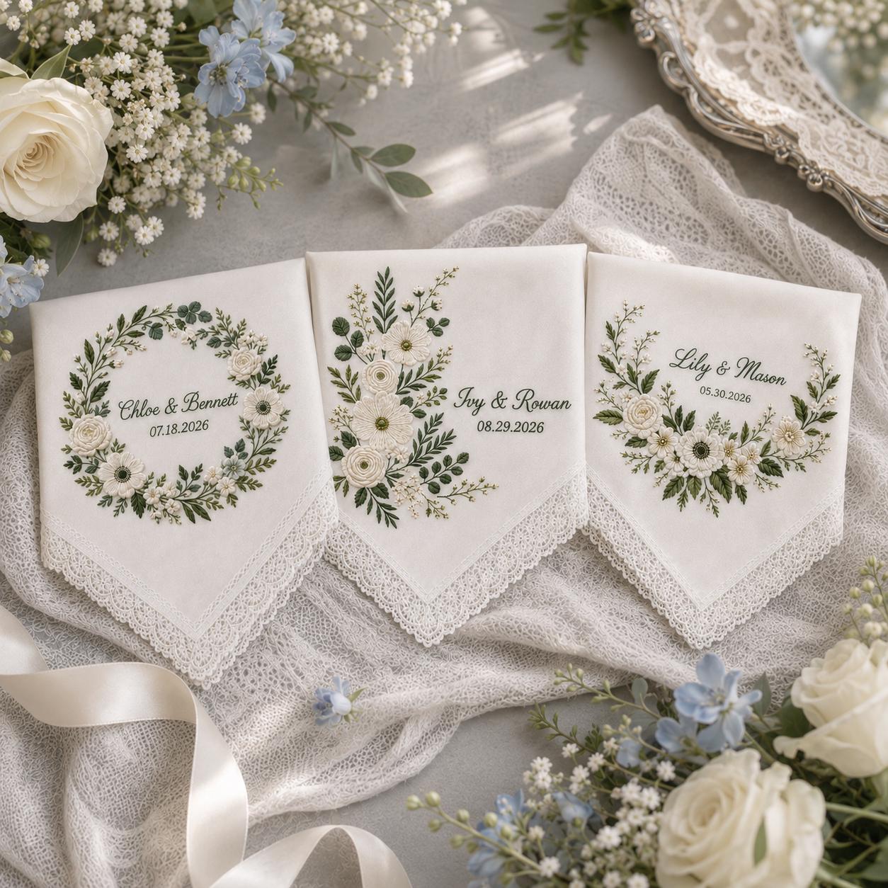 Embroidered Wedding Handkerchief, Bridal Gift, Personalized with Name, Custom Floral Hankie for Bride - photo 12