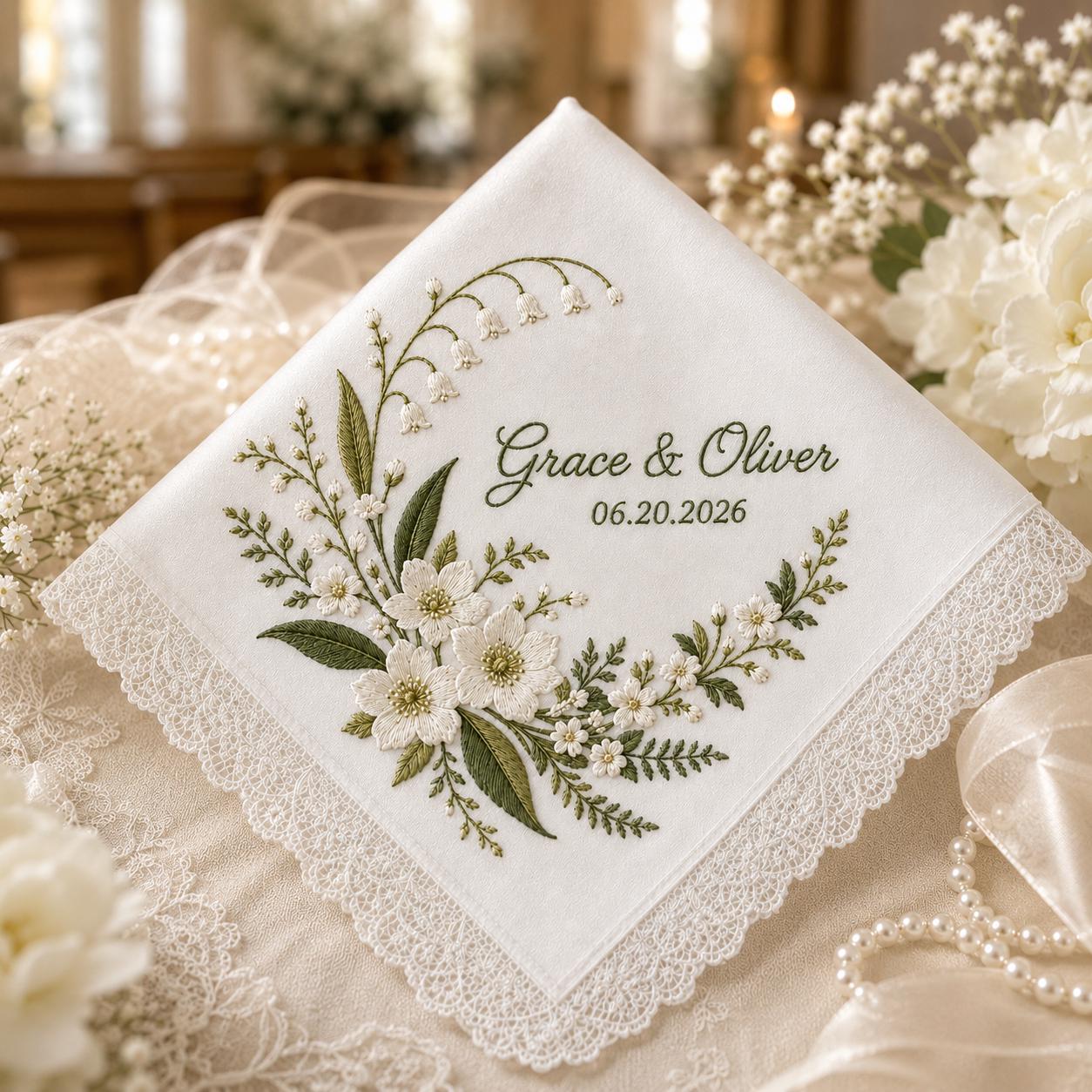 Embroidered Wedding Handkerchief, Bridal Gift, Personalized with Name, Custom Floral Hankie for Bride - photo 13