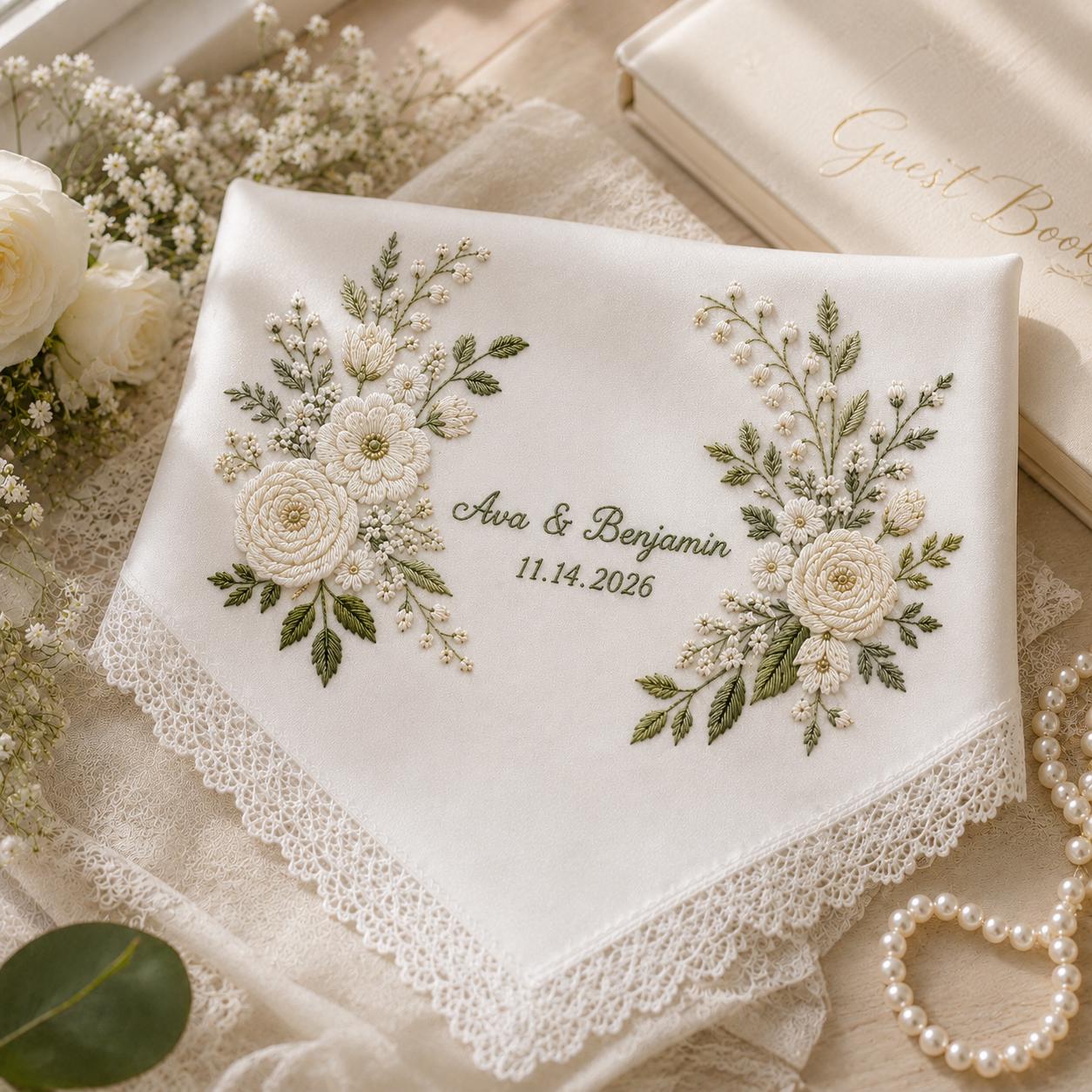 Embroidered Wedding Handkerchief, Bridal Gift, Personalized with Name, Custom Floral Hankie for Bride - photo 14