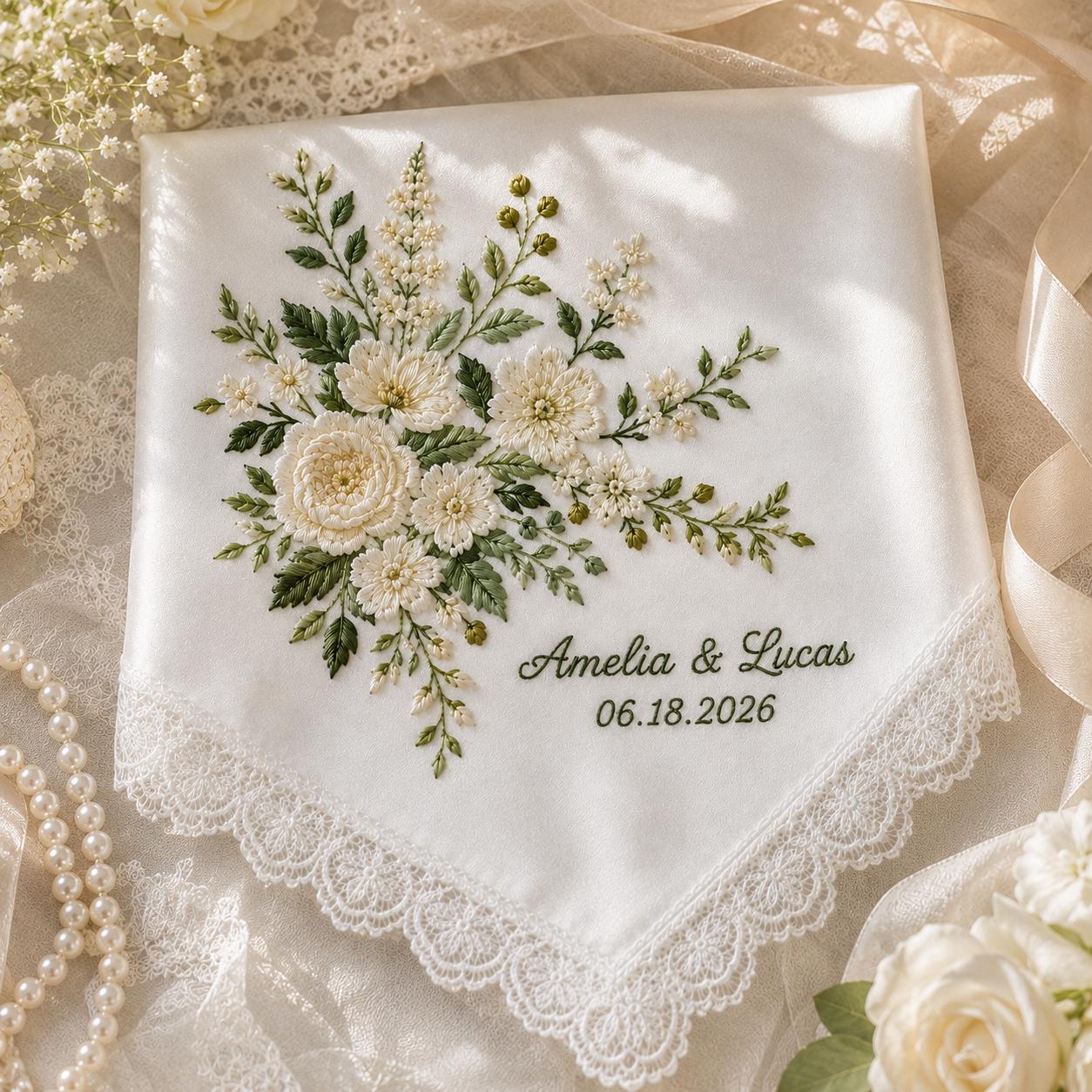 Embroidered Wedding Handkerchief, Bridal Gift, Personalized with Name, Custom Floral Hankie for Bride - photo 15