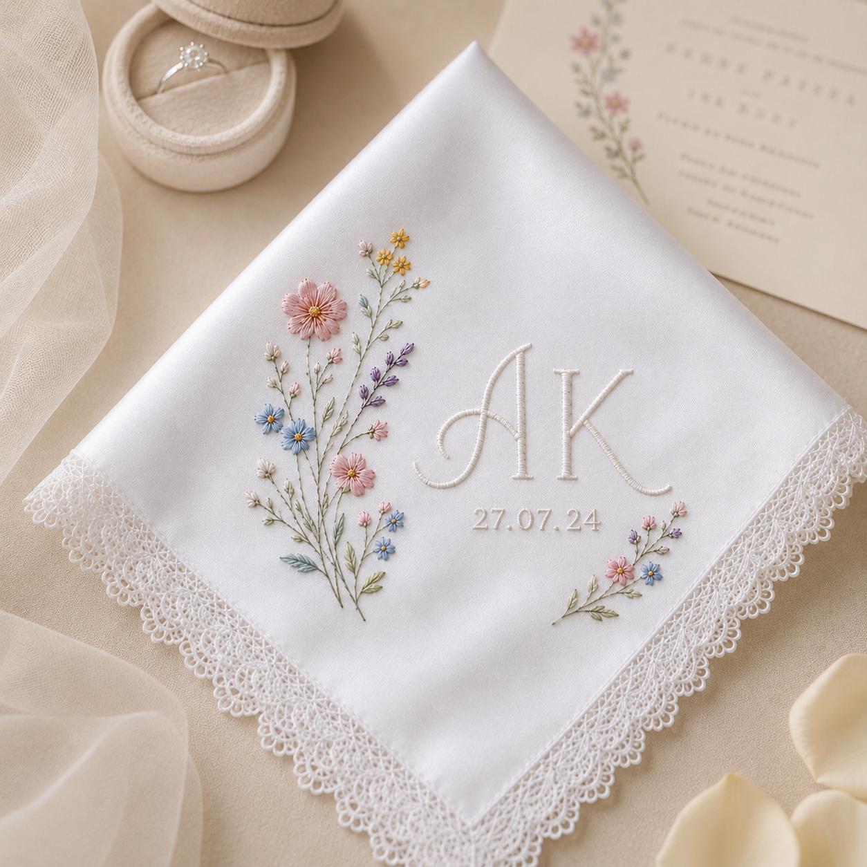 Personalized Floral Wedding Handkerchief, Embroidered Bridal Hanky, Custom Names Date Lace Keepsake Gift