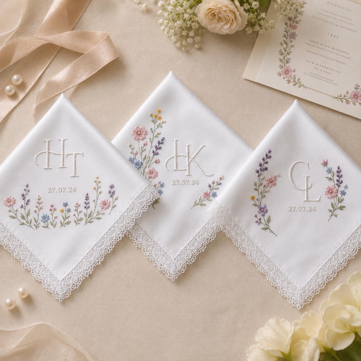 Personalized Floral Wedding Handkerchief, Embroidered Bridal Hanky, Custom Names Date Lace Keepsake Gift - photo 2