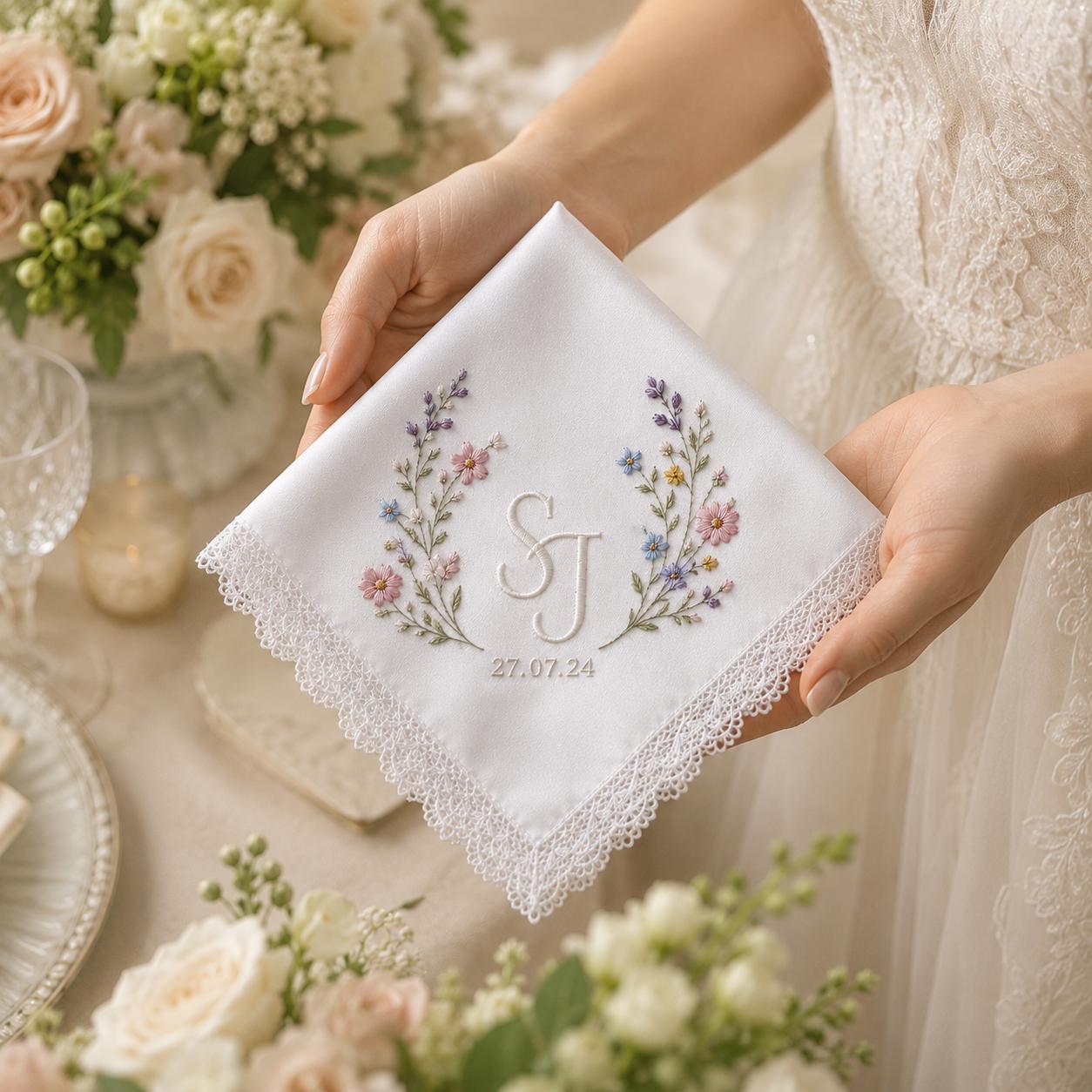 Personalized Floral Wedding Handkerchief, Embroidered Bridal Hanky, Custom Names Date Lace Keepsake Gift - photo 3
