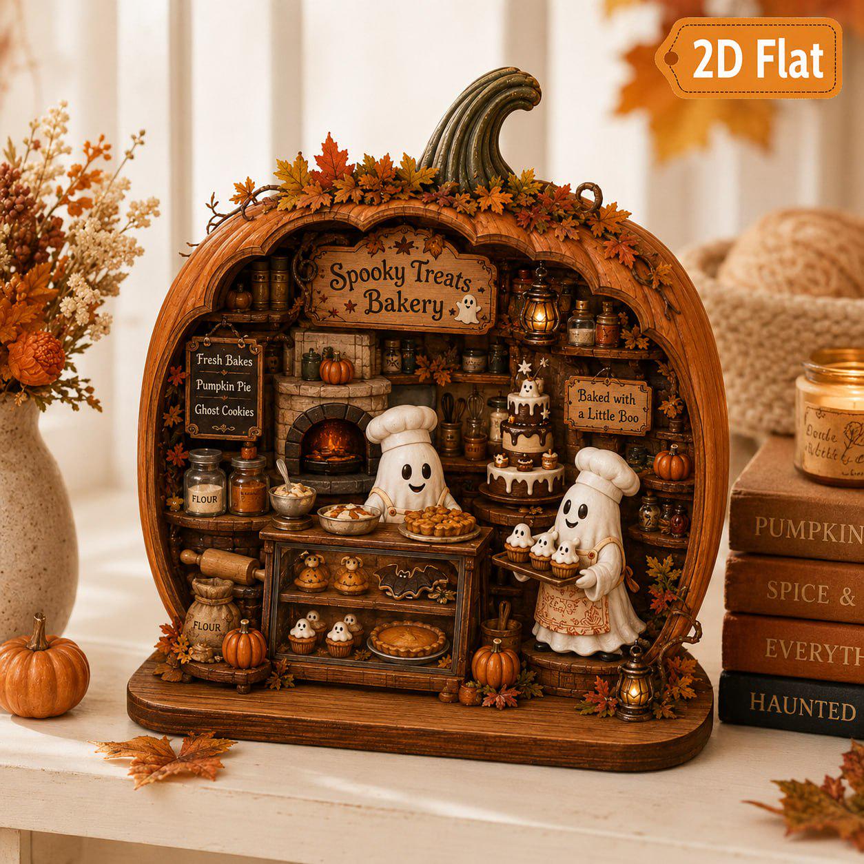 Personalized Reading Ghost Halloween Wood Sign and Shelf Decor with Book Stack, Pumpkin, Cozy Reading Nook Gift, Book Lover