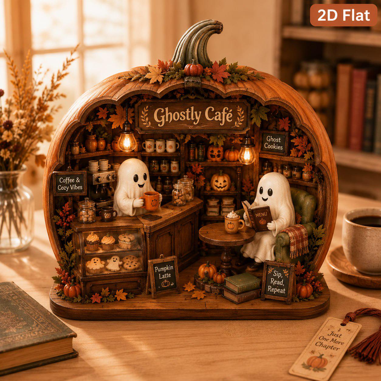 Personalized Reading Ghost Halloween Wood Sign and Shelf Decor with Book Stack, Pumpkin, Cozy Reading Nook Gift, Book Lover - photo 2