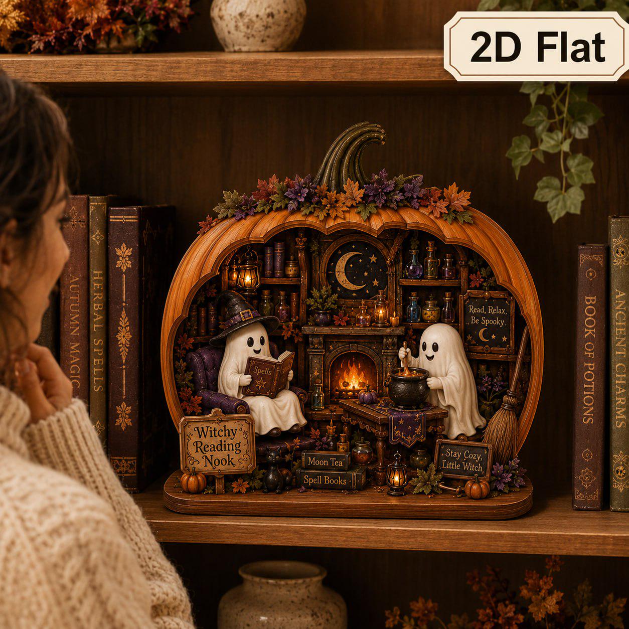 Personalized Reading Ghost Halloween Wood Sign and Shelf Decor with Book Stack, Pumpkin, Cozy Reading Nook Gift, Book Lover - photo 3
