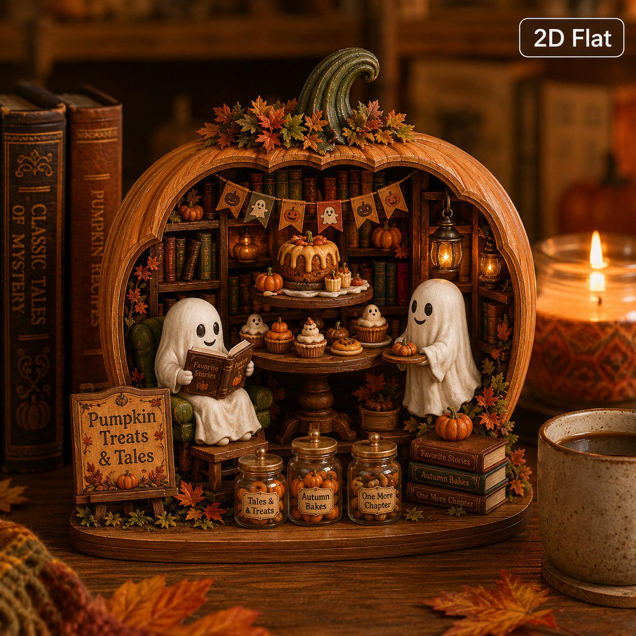 Personalized Reading Ghost Halloween Wood Sign and Shelf Decor with Book Stack, Pumpkin, Cozy Reading Nook Gift, Book Lover - photo 4