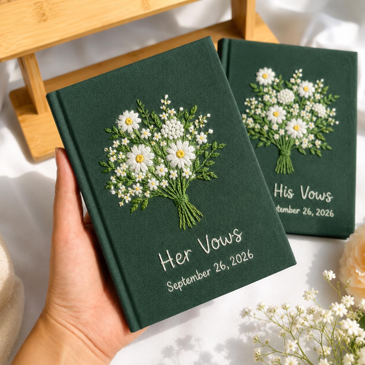 Personalized Hand Embroidered Vow Book Set – Custom Linen Flower Bouquet Notebook And Wedding Vow Books For Couple Ceremony Keepsake
