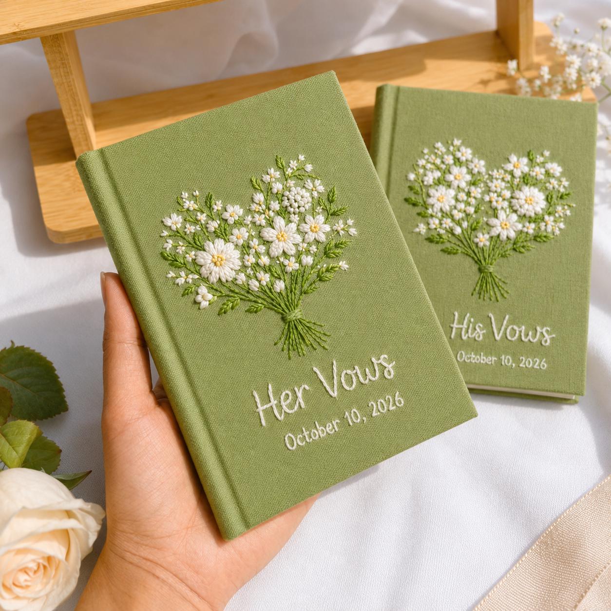 Personalized Hand Embroidered Vow Book Set – Custom Linen Flower Bouquet Notebook And Wedding Vow Books For Couple Ceremony Keepsake - photo 3