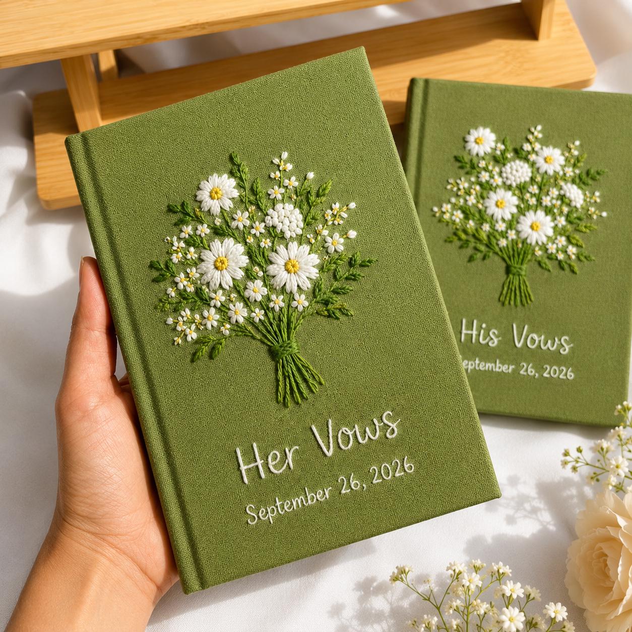 Personalized Hand Embroidered Vow Book Set – Custom Linen Flower Bouquet Notebook And Wedding Vow Books For Couple Ceremony Keepsake - photo 4