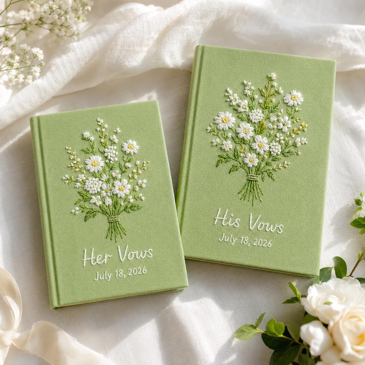 Personalized Hand Embroidered Vow Book Set – Custom Linen Flower Bouquet Notebook And Wedding Vow Books For Couple Ceremony Keepsake - photo 10