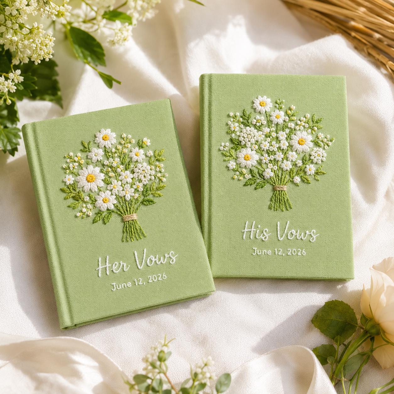 Personalized Hand Embroidered Vow Book Set – Custom Linen Flower Bouquet Notebook And Wedding Vow Books For Couple Ceremony Keepsake - photo 11