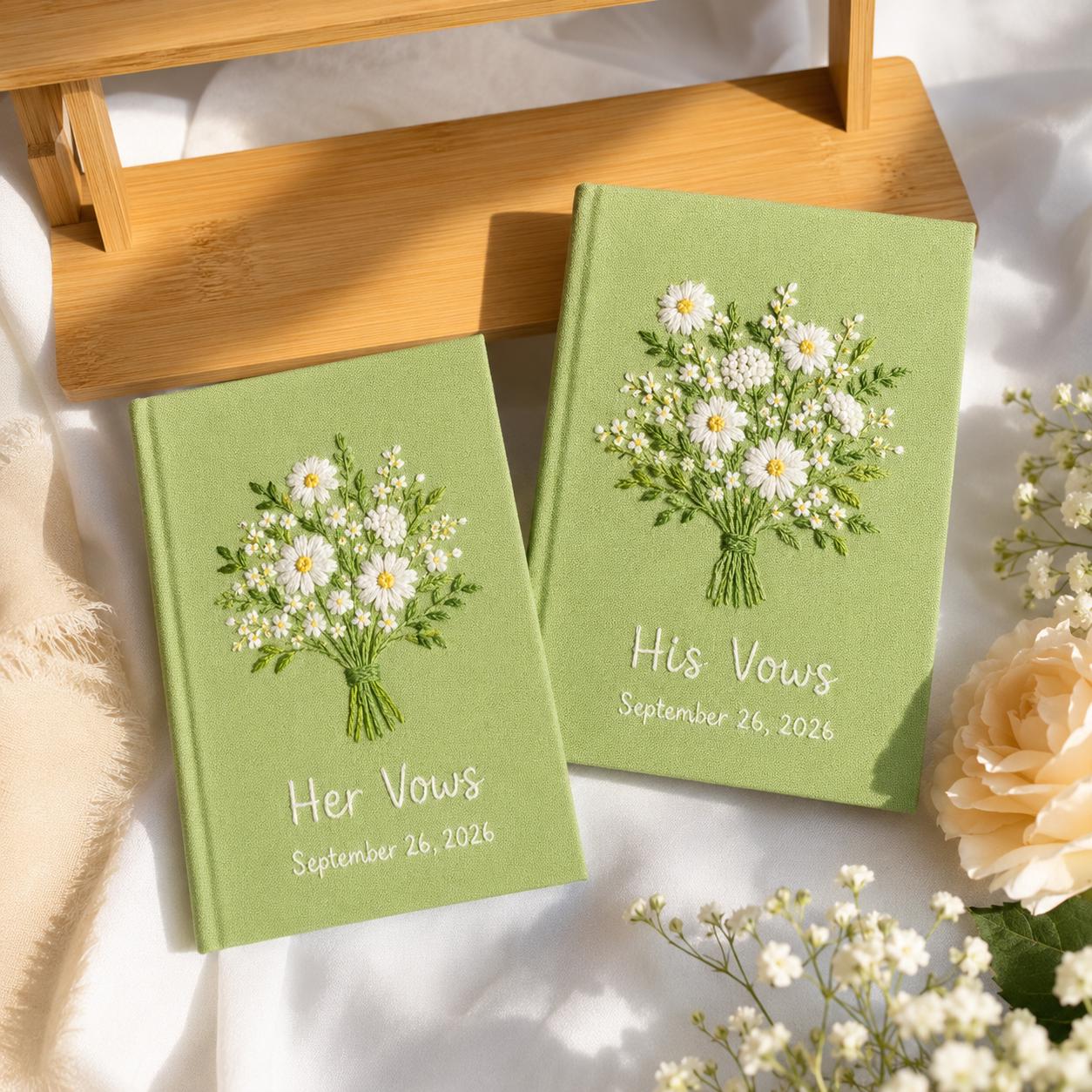 Personalized Hand Embroidered Vow Book Set – Custom Linen Flower Bouquet Notebook And Wedding Vow Books For Couple Ceremony Keepsake - photo 12