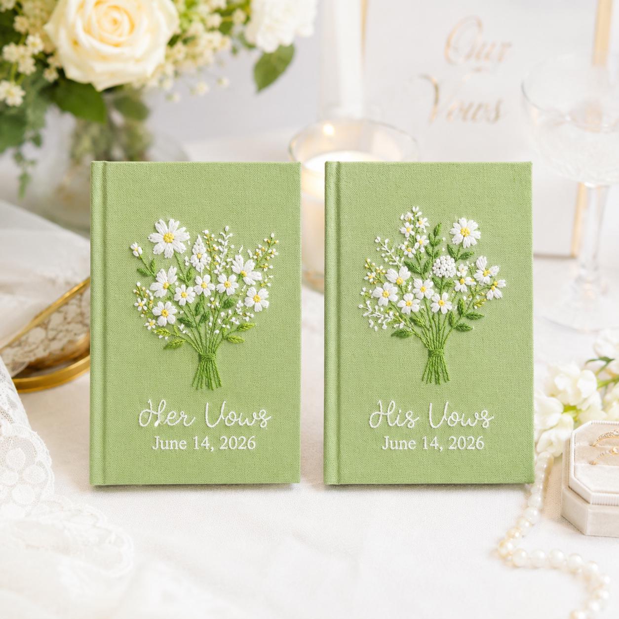 Personalized Hand Embroidered Vow Book Set – Custom Linen Flower Bouquet Notebook And Wedding Vow Books For Couple Ceremony Keepsake - photo 14