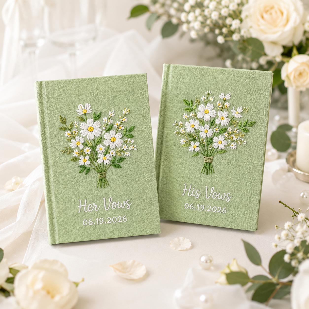 Personalized Hand Embroidered Vow Book Set – Custom Linen Flower Bouquet Notebook And Wedding Vow Books For Couple Ceremony Keepsake - photo 16