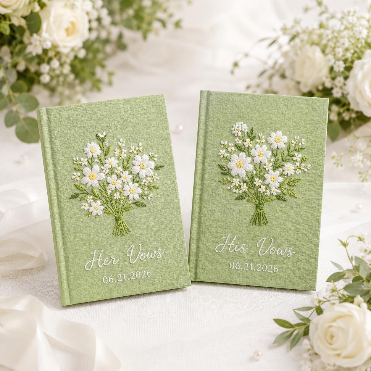 Personalized Hand Embroidered Vow Book Set – Custom Linen Flower Bouquet Notebook And Wedding Vow Books For Couple Ceremony Keepsake - photo 17