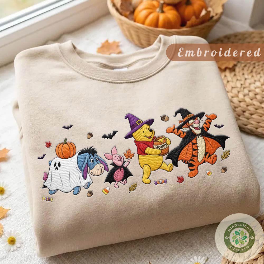 Embroidered Winnie the Pooh Halloween T-Shirt Sweatshirt Hoodie with Piglet Tigger and Eeyore – Spooky Fall Vibes Lace Trim Tank Top - photo 2