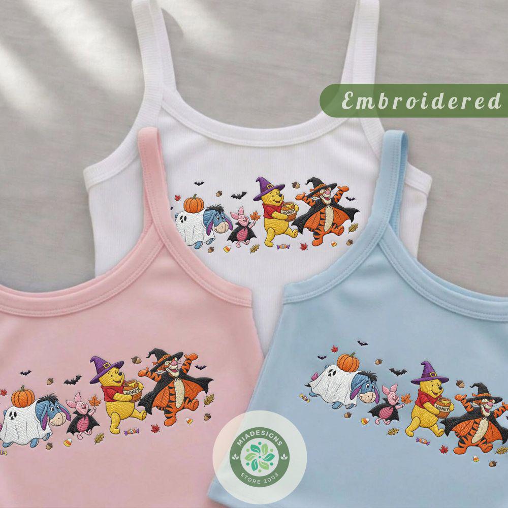 Embroidered Winnie the Pooh Halloween T-Shirt Sweatshirt Hoodie with Piglet Tigger and Eeyore – Spooky Fall Vibes Lace Trim Tank Top - photo 3