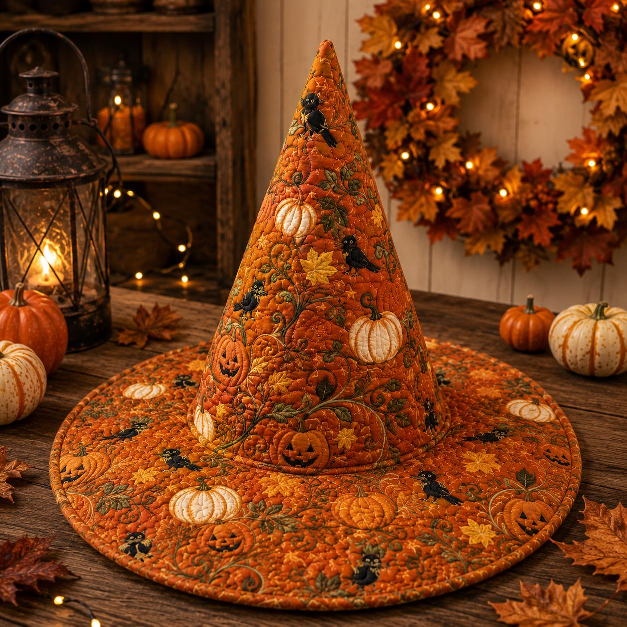 Quilted Witch Hat with Pumpkin Patch Decor and Handmade Fabric for Fall Table Centerpiece and Spooky Seasonal Halloween Decor