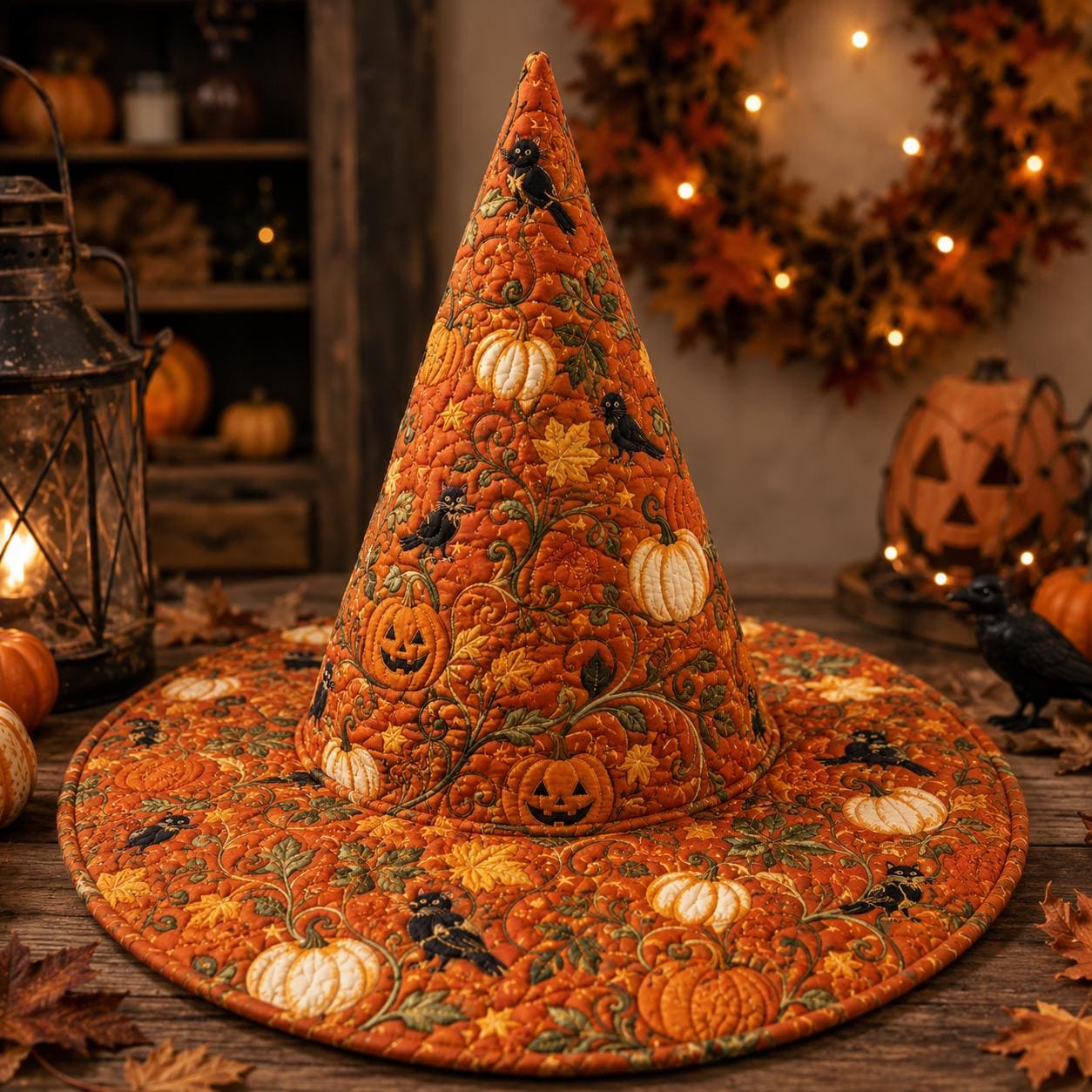 Quilted Witch Hat with Pumpkin Patch Decor and Handmade Fabric for Fall Table Centerpiece and Spooky Seasonal Halloween Decor - photo 2