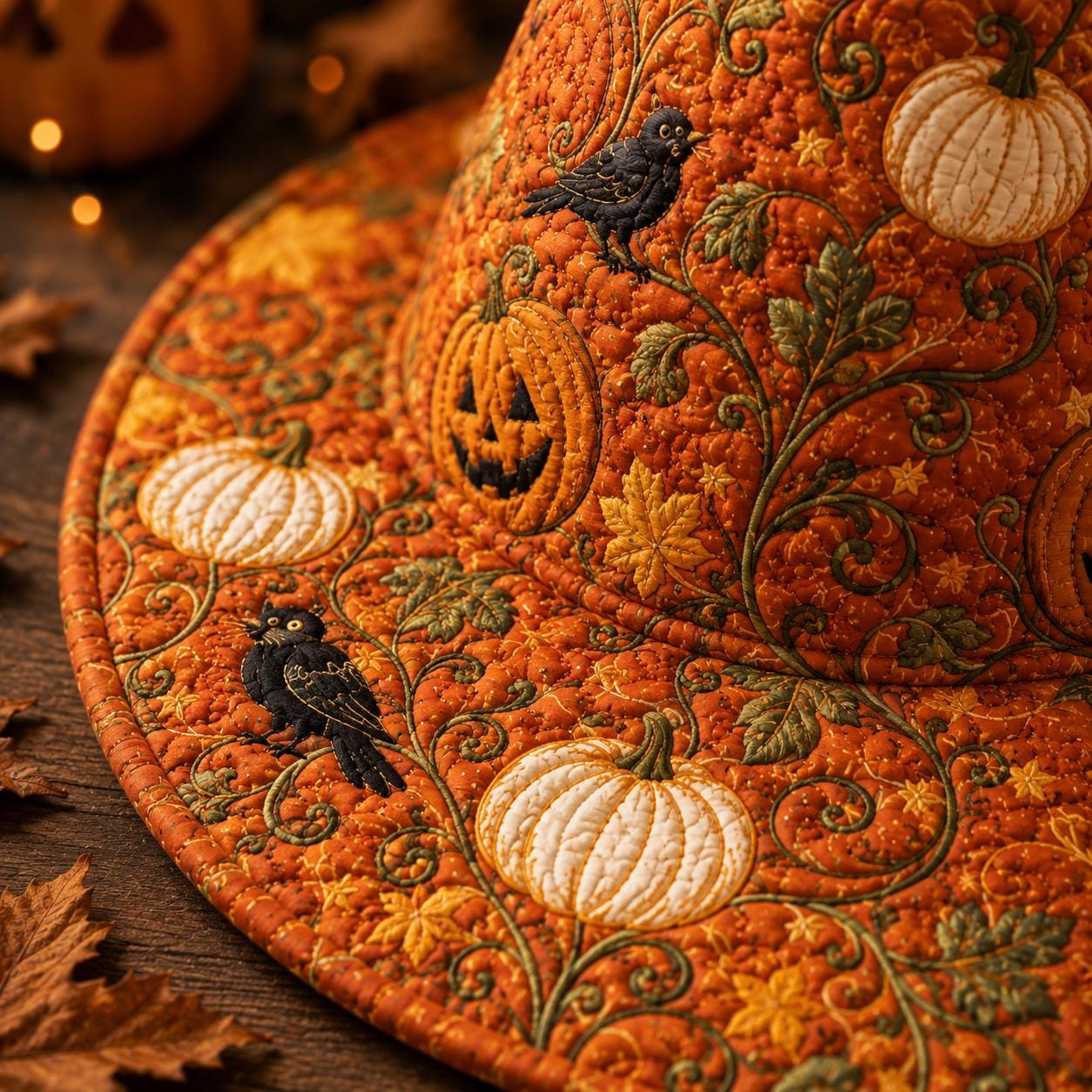 Quilted Witch Hat with Pumpkin Patch Decor and Handmade Fabric for Fall Table Centerpiece and Spooky Seasonal Halloween Decor - photo 4