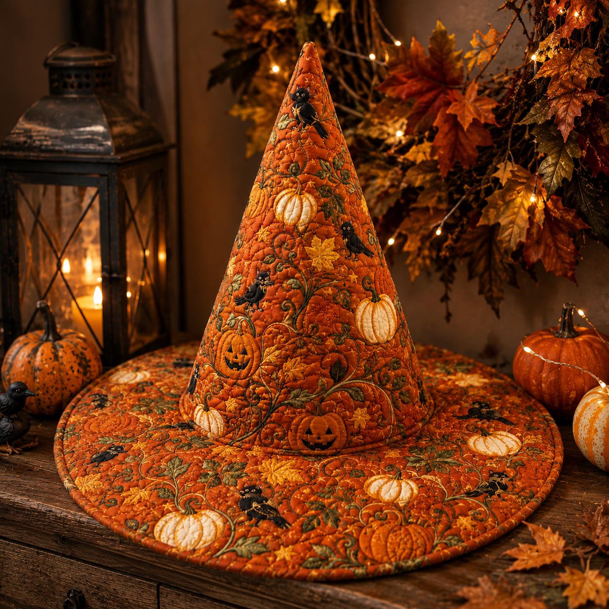 Quilted Witch Hat with Pumpkin Patch Decor and Handmade Fabric for Fall Table Centerpiece and Spooky Seasonal Halloween Decor - photo 5