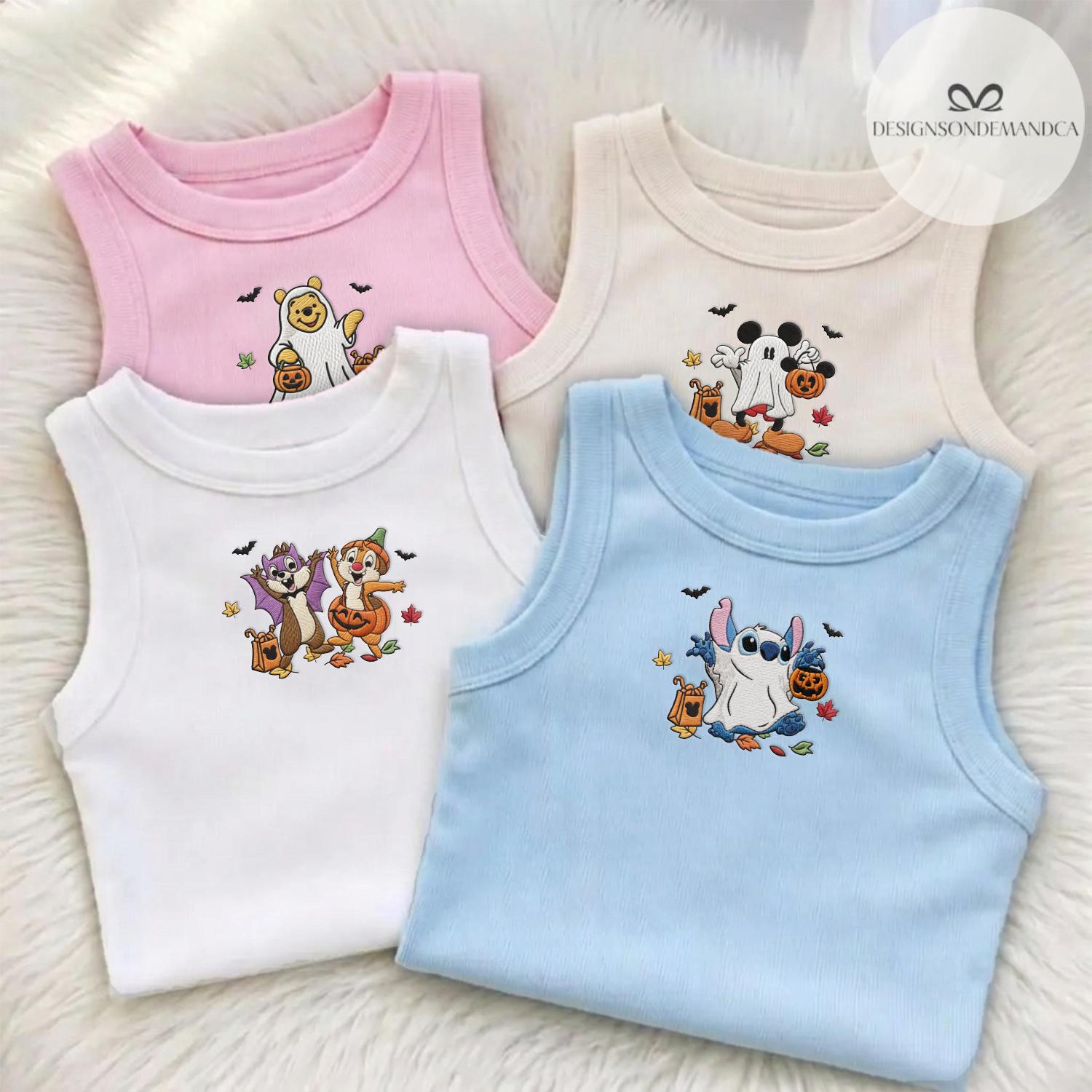 Embroidered Disney Characters Ghost Shirt with Mickey and Friends Fall Vibes – Coquette WDW Disneyland Lace Trim Tank Top Baby Tee