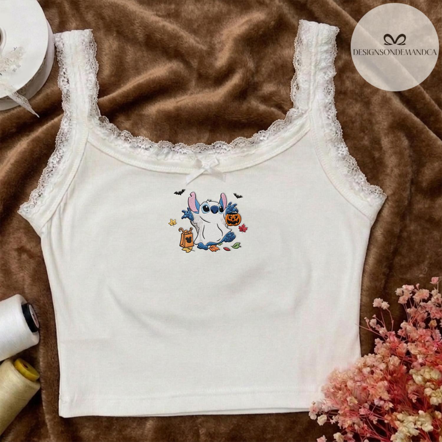 Embroidered Disney Characters Ghost Shirt with Mickey and Friends Fall Vibes – Coquette WDW Disneyland Lace Trim Tank Top Baby Tee - photo 8
