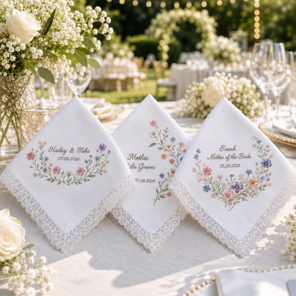 Custom Embroidered Floral Lace Handkerchief and Personalized Wedding Keepsake Gift for Bride and Brides - photo 2