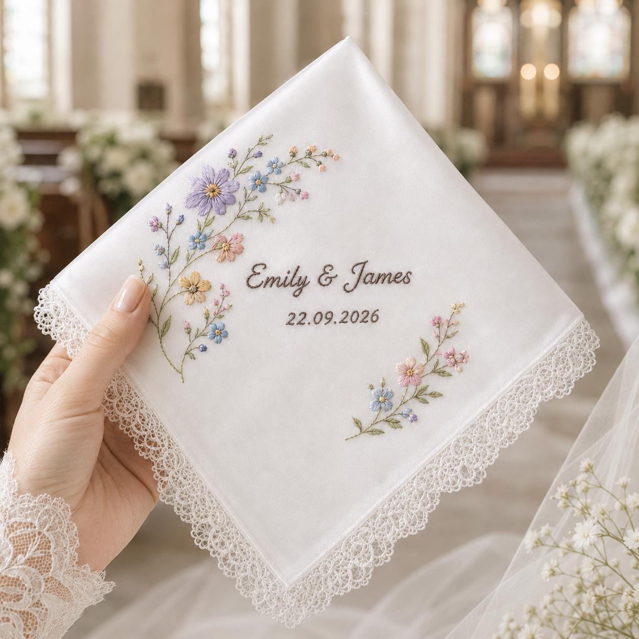 Custom Embroidered Floral Lace Handkerchief and Personalized Wedding Keepsake Gift for Bride and Brides - photo 4