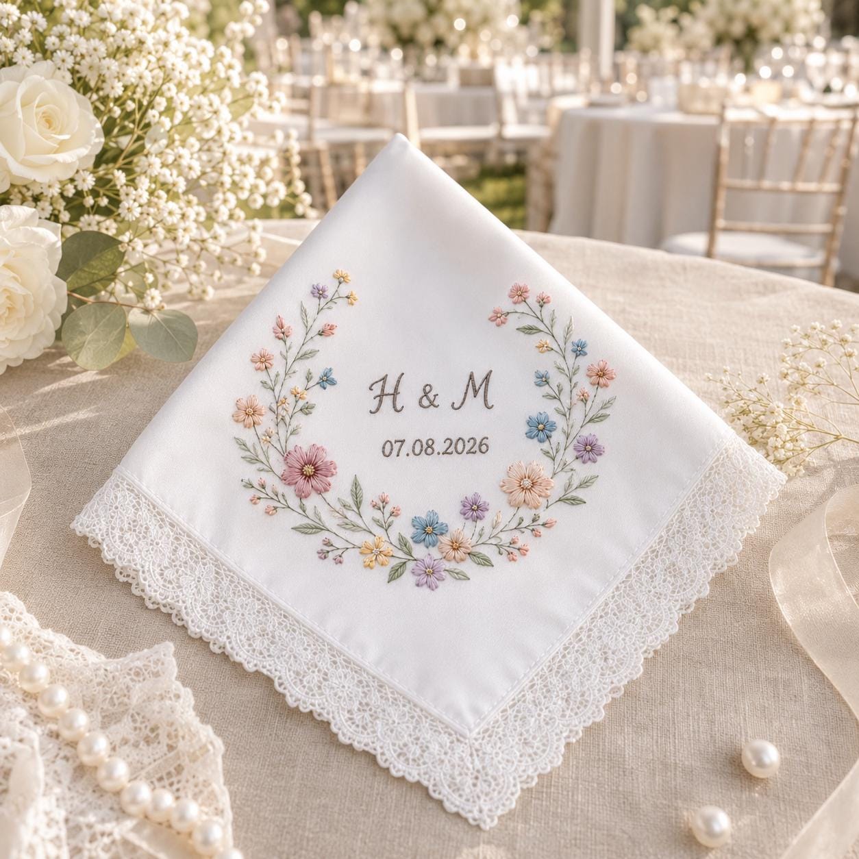 Custom Embroidered Floral Lace Handkerchief and Personalized Wedding Keepsake Gift for Bride and Brides - photo 9