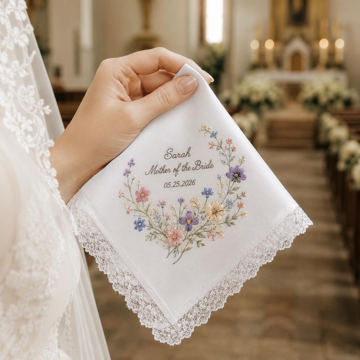 Custom Embroidered Floral Lace Handkerchief and Personalized Wedding Keepsake Gift for Bride and Brides - photo 10