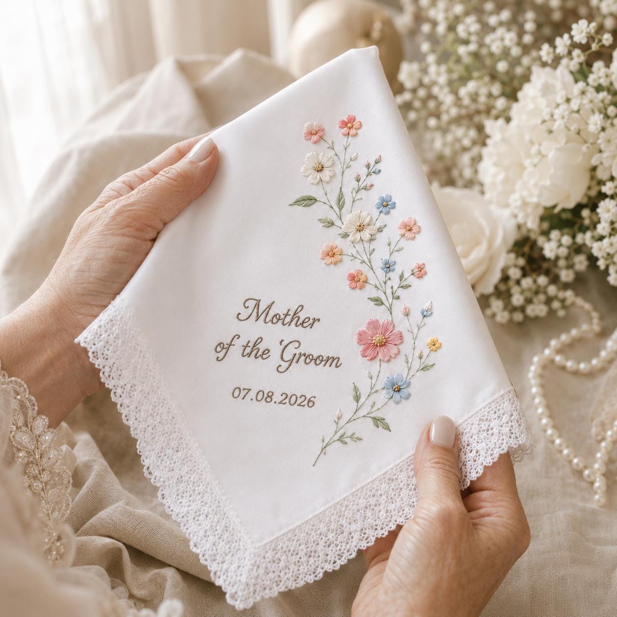 Custom Embroidered Floral Lace Handkerchief and Personalized Wedding Keepsake Gift for Bride and Brides - photo 11