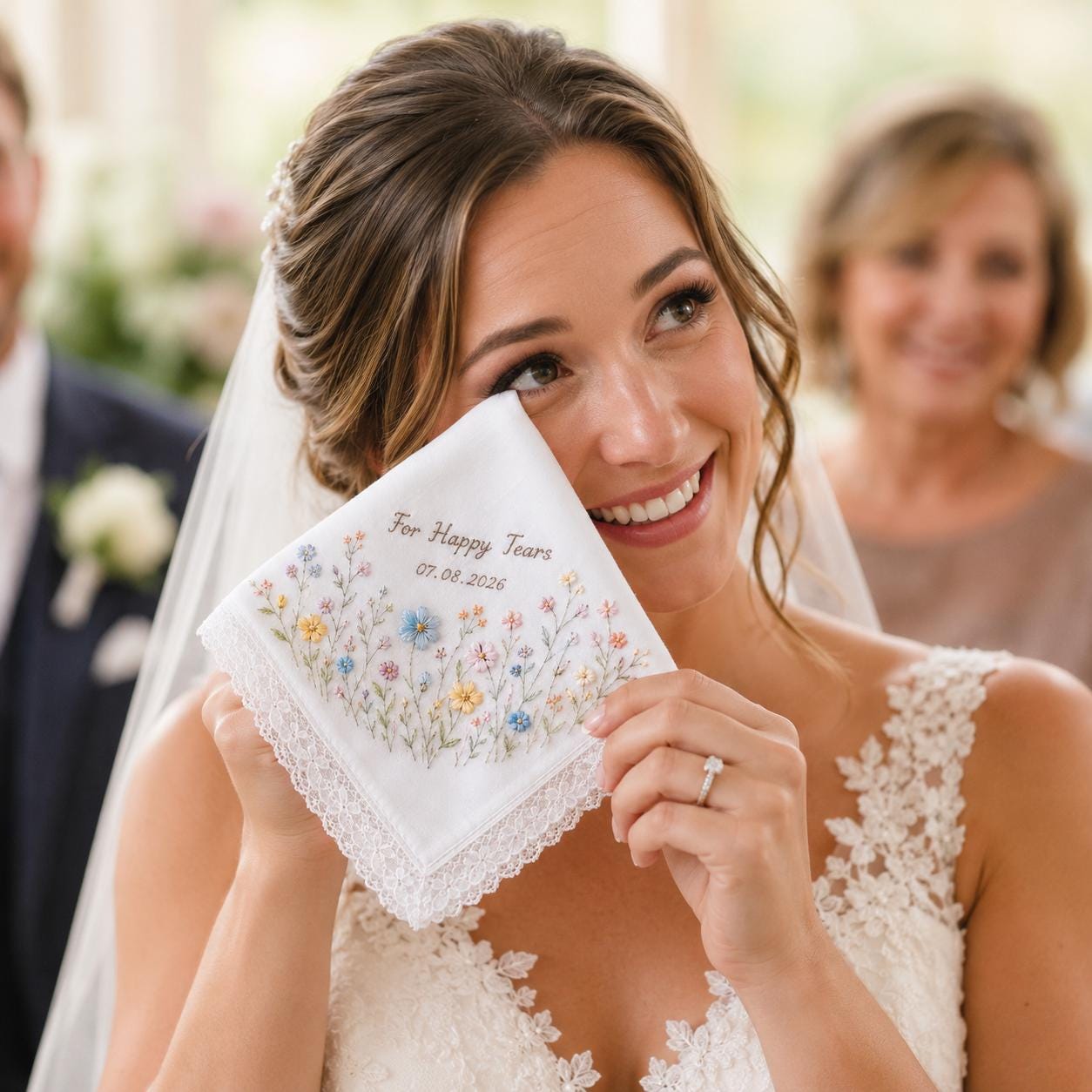 Custom Embroidered Floral Lace Handkerchief and Personalized Wedding Keepsake Gift for Bride and Brides - photo 12