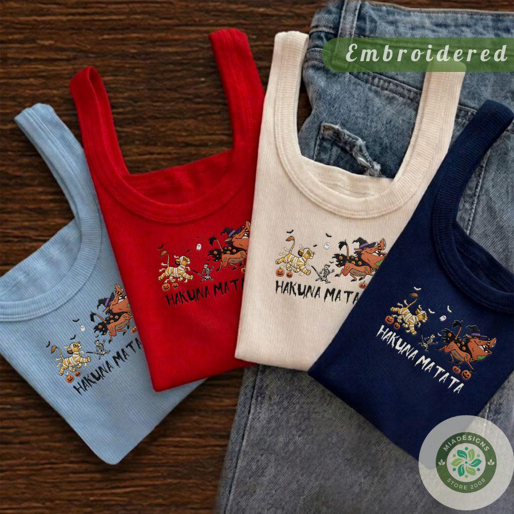 Embroidered Disney The Lion King Halloween T-Shirt Sweatshirt Hoodie with Simba Timon and Pumbaa – Hakuna Matata Lace Trim Tank Top - photo 2