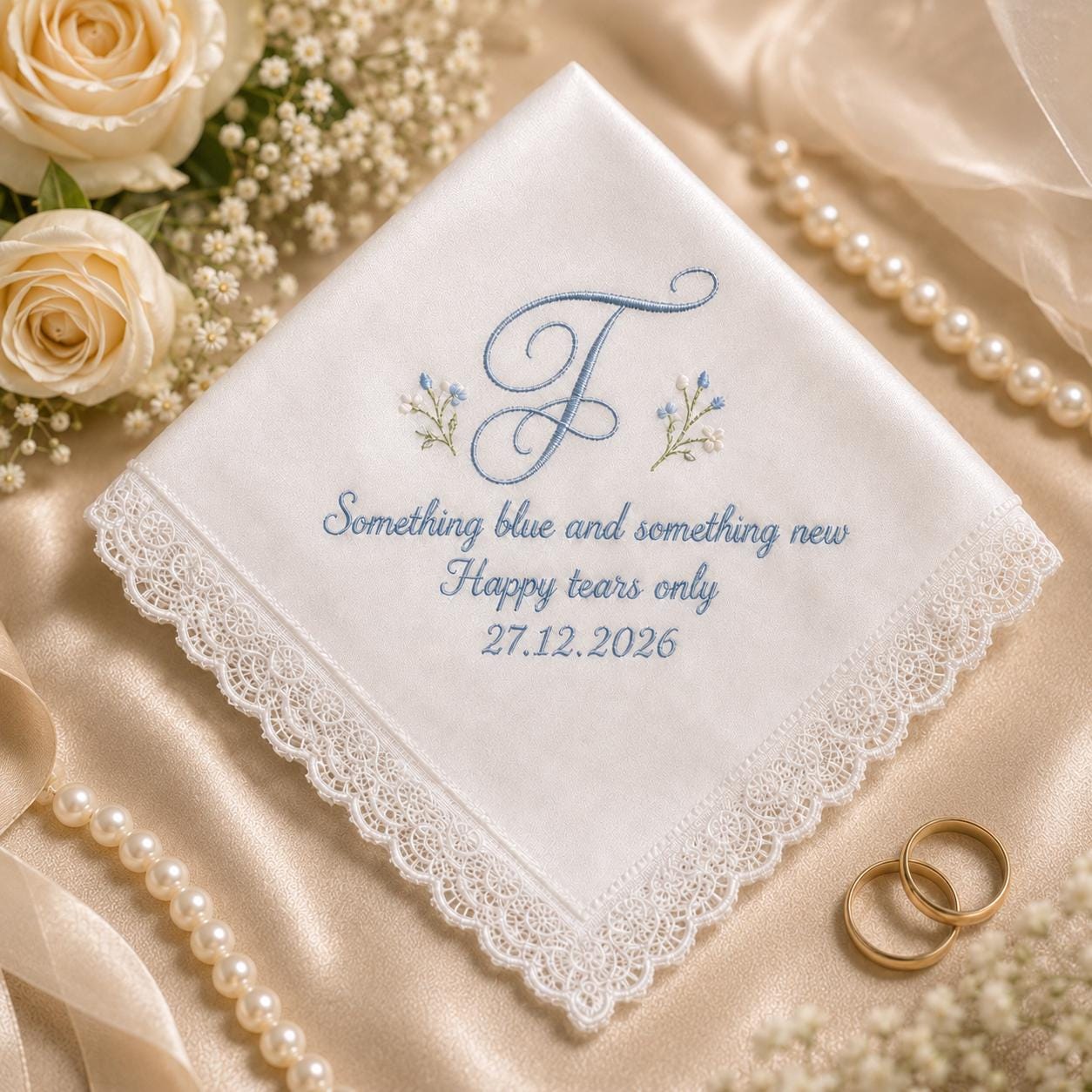Embroidered Something Blue Wedding Handkerchief with Personalised Bride Hankie and Happy Tears Wedding Keepsake Bridal Gifts