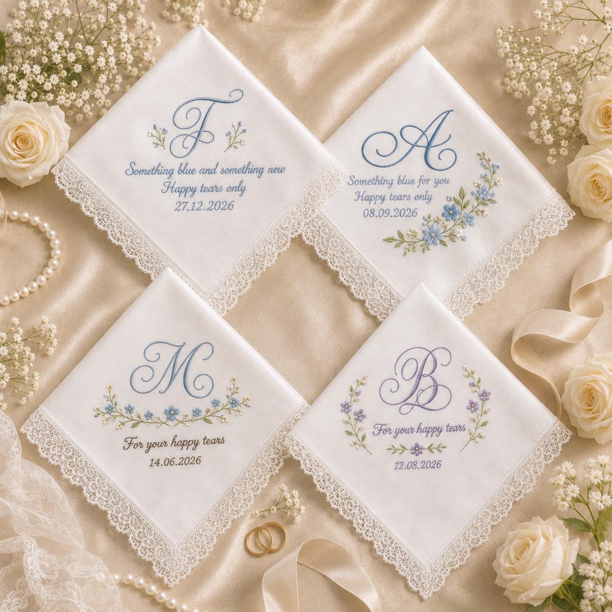 Embroidered Something Blue Wedding Handkerchief with Personalised Bride Hankie and Happy Tears Wedding Keepsake Bridal Gifts - photo 2